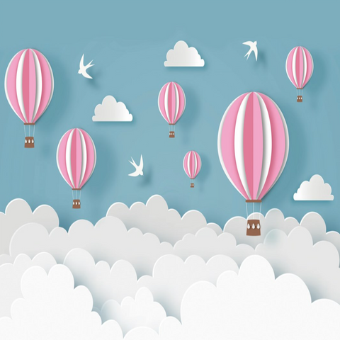 Papier Peint Fille Classique <br/> Montgolfière Rose Fond Bleu
