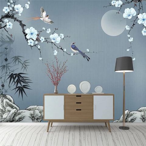 Papier Peint Oiseaux <br/> Fond Bleu