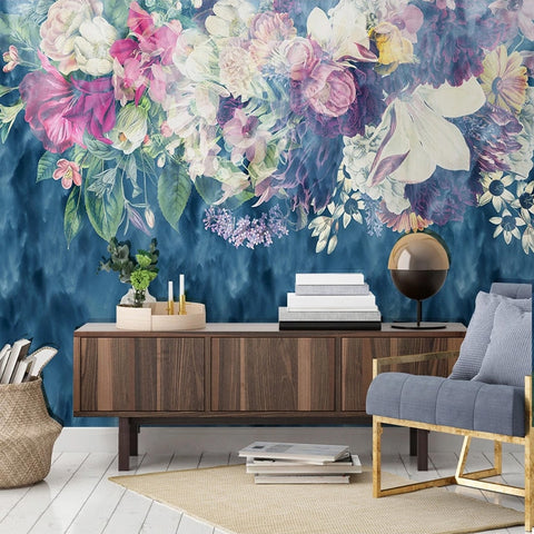 Papier Peint Fleuri Fond Bleu | Le Petit Intissé
