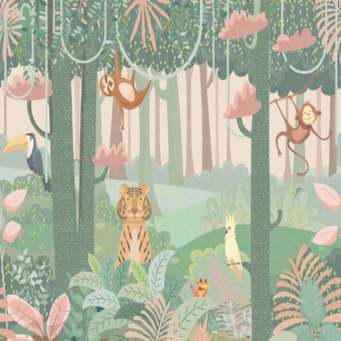 Papier Peint Animaux <br/> Jungle Verte et Rose