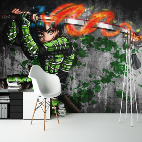 Papier Peint Japonais Manga <br/> Guerrier Vert et Katana en Feu