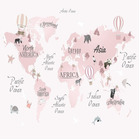 Papier Peint Carte du Monde <br/> Panoramique Rose Fille