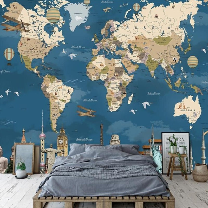 Papier peint panoramique enfant carte du monde bleu