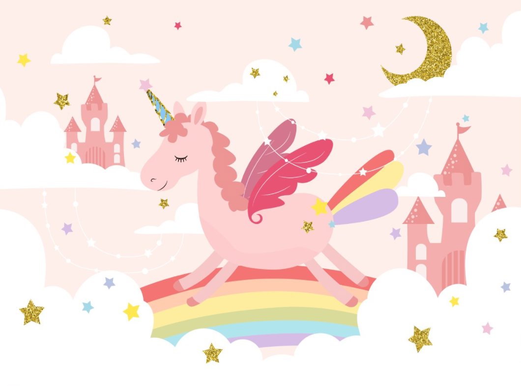 Papier Peint Licorne <br/> Château et Arc-en-Ciel
