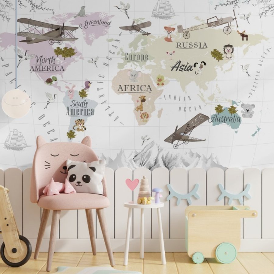 Papier Peint Carte du Monde <br/> Avion, Montagne et Animaux