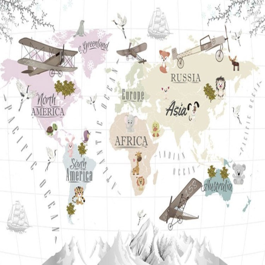 Papier Peint Carte du Monde <br/> Avion, Montagne et Animaux