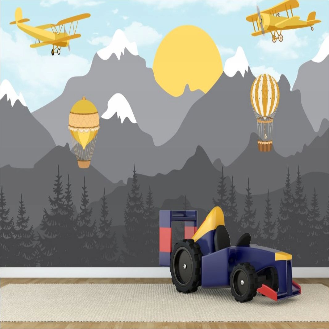 Papier Peint Avion <br/> Soleil et Ballon Jaune