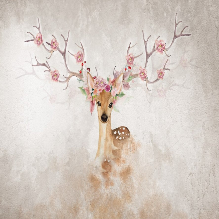 Papier Peint Animaux <br/> Tête de Cerf avec Fleur