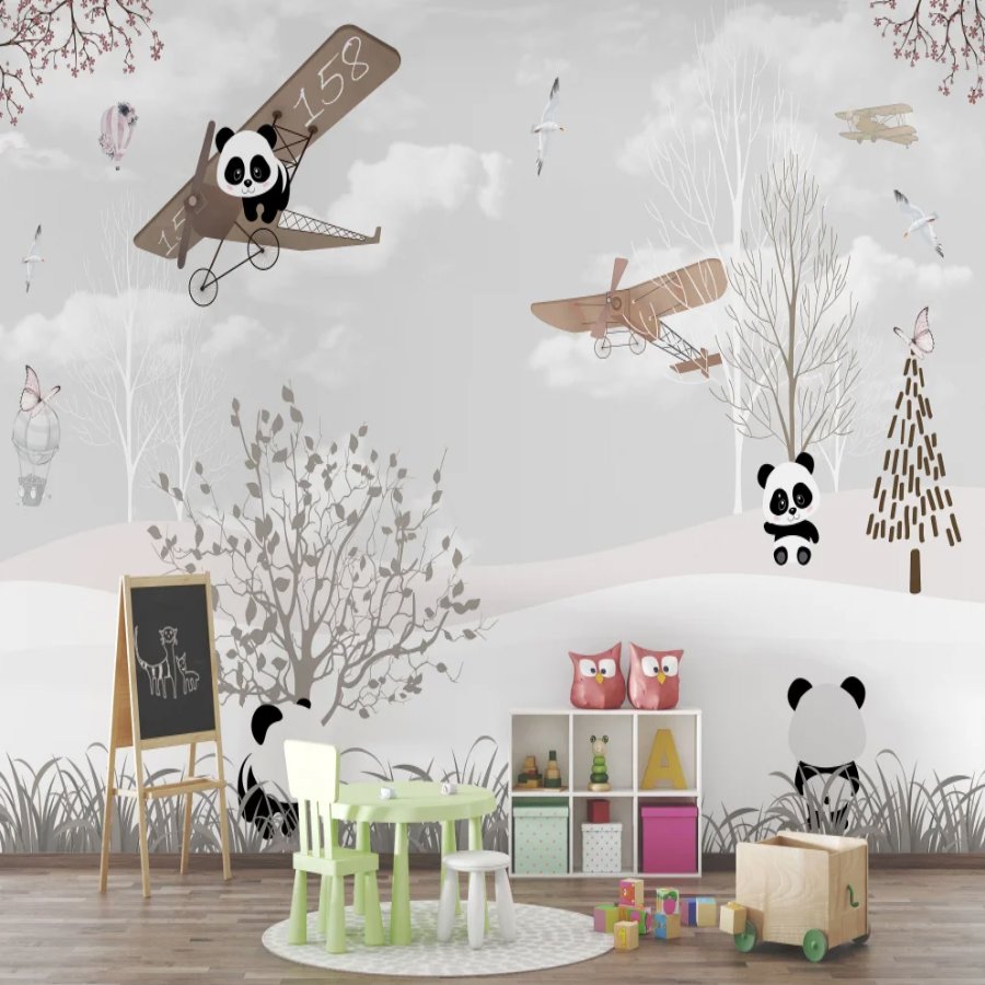 Papier Peint Animaux <br/> Panda Gris et Planeur