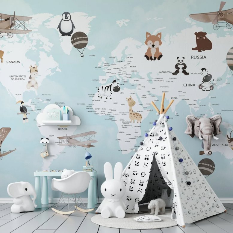 Papier Peint Carte du Monde <br/> Planisphère du Monde Animaux