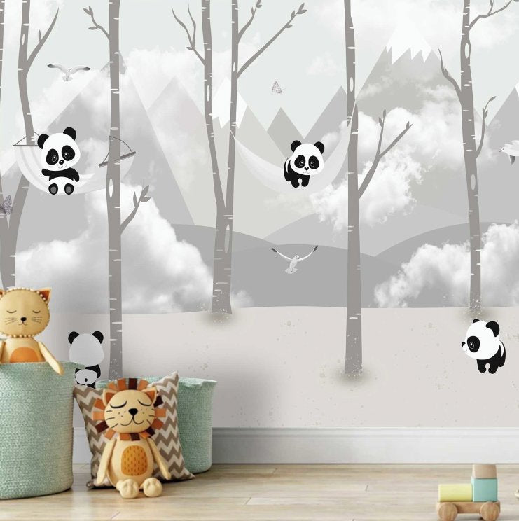 Papier Peint Animaux <br/> Panoramique Panda Forêt Grise
