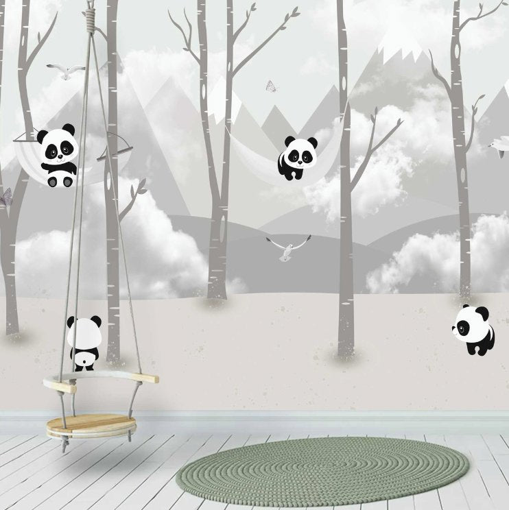 Papier Peint Animaux <br/> Panoramique Panda Forêt Grise