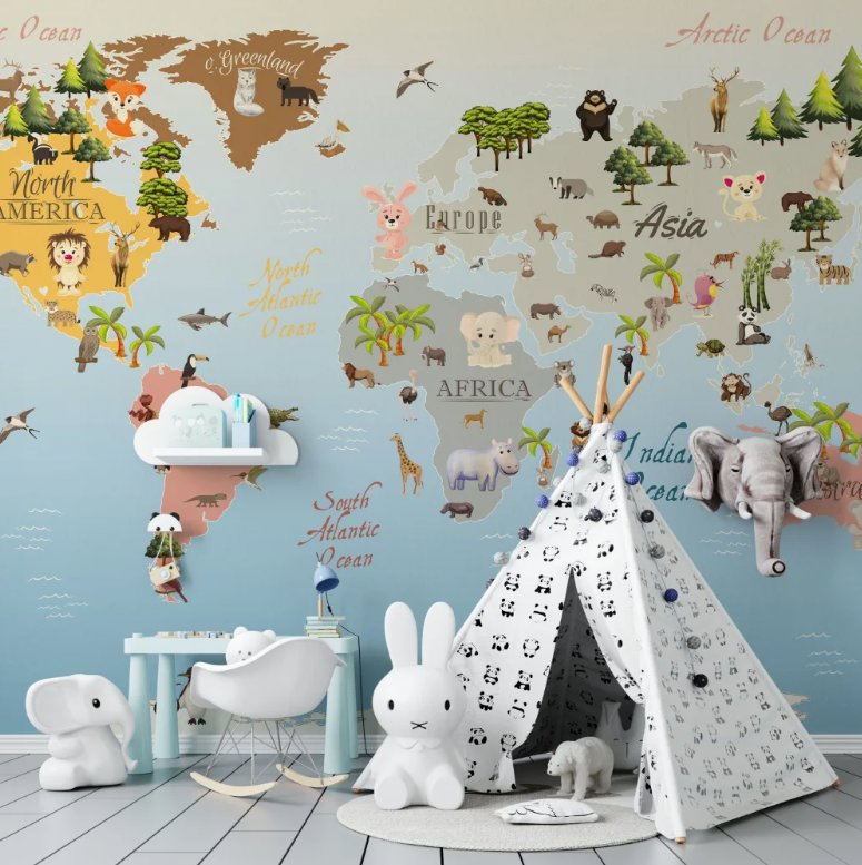 Papier Peint Carte du Monde <br/> Animaux sur Continents