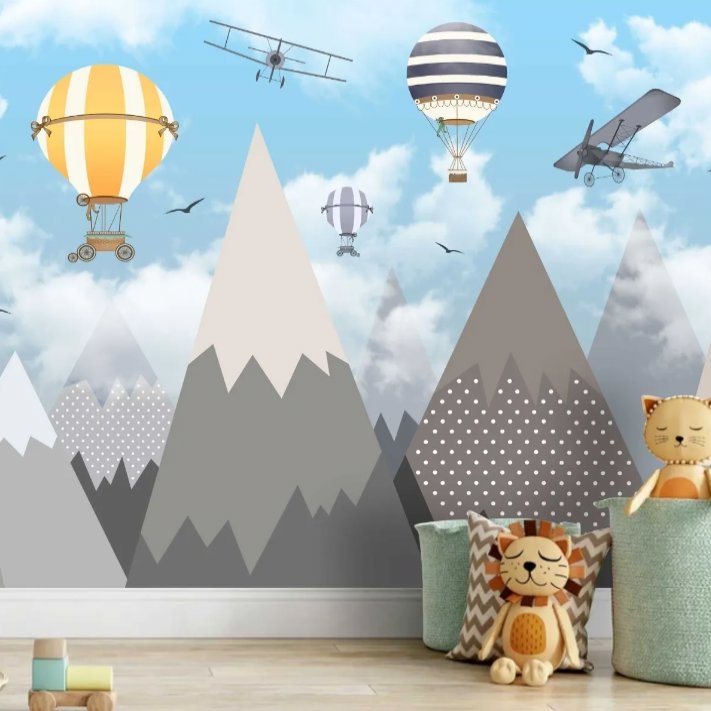 Papier Peint Garçon Classique <br/> Ballon et Pic Bleu-Gris