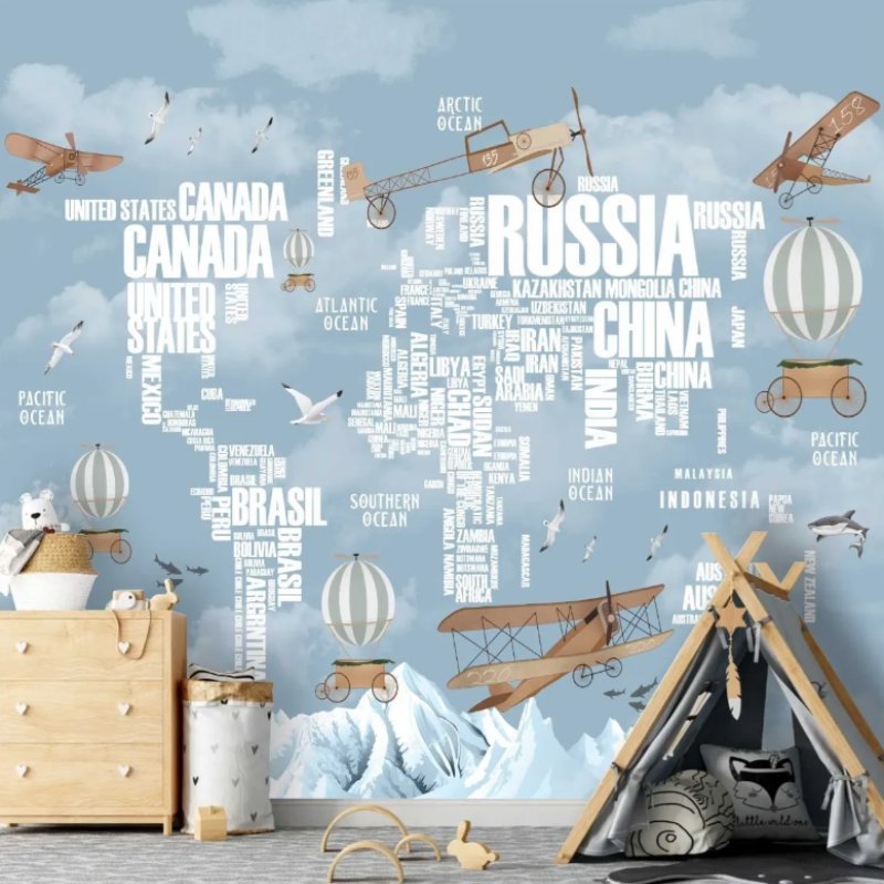 Papier Peint Avion <br/> Carte Monde en Lettre