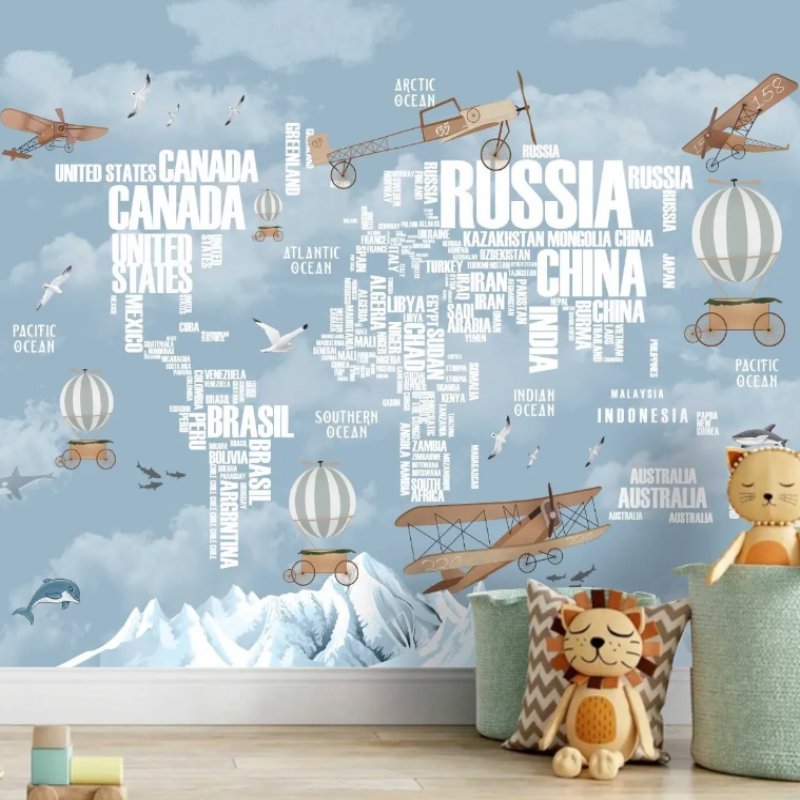 Papier Peint Avion <br/> Carte Monde en Lettre