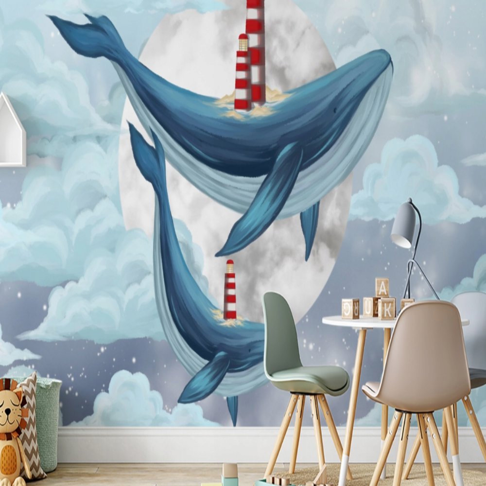 Papier Peint Marin <br/> Thème Baleine Nuage et Phare