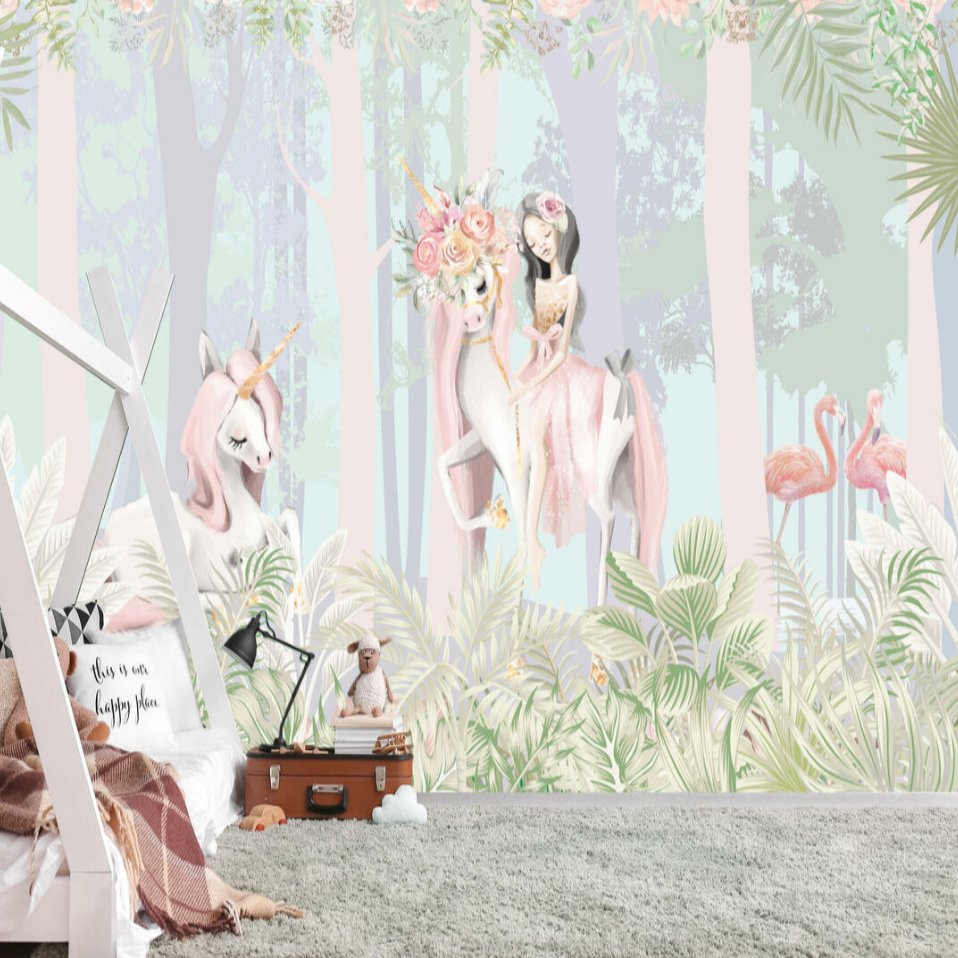 Papier Peint Princesse <br/> Jardin Tropical et Licorne