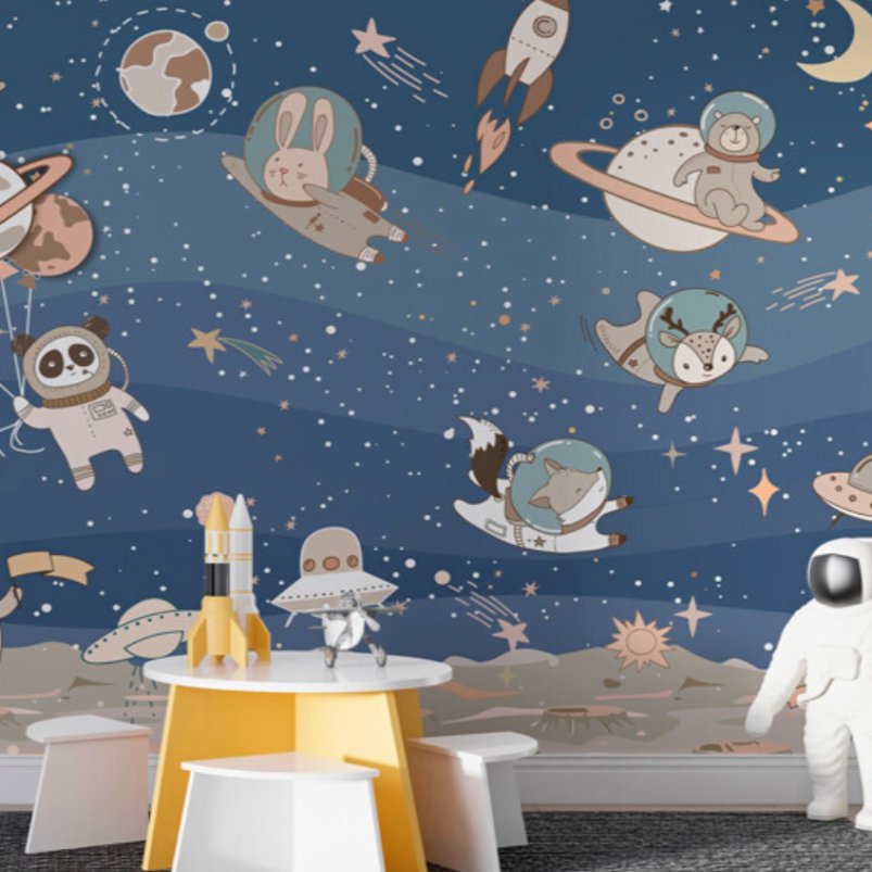 Papier Peint Espace <br/> Cosmonaute Animaux Fond Bleu