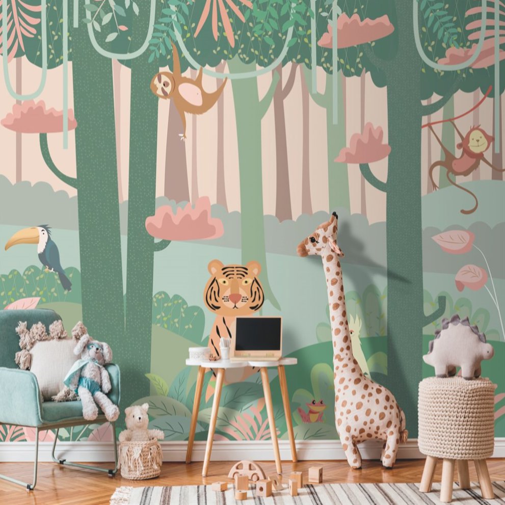 Papier Peint Animaux <br/> Jungle Verte et Rose
