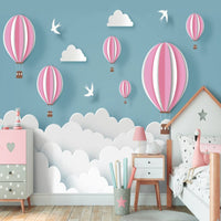 Thumbnail for Papier Peint Fille Classique <br/> Montgolfière Rose Fond Bleu