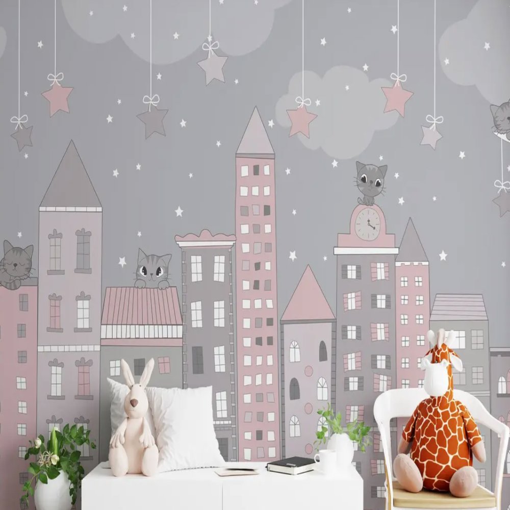 Papier Peint Fille Classique <br/> Chat XXL Gris Rose