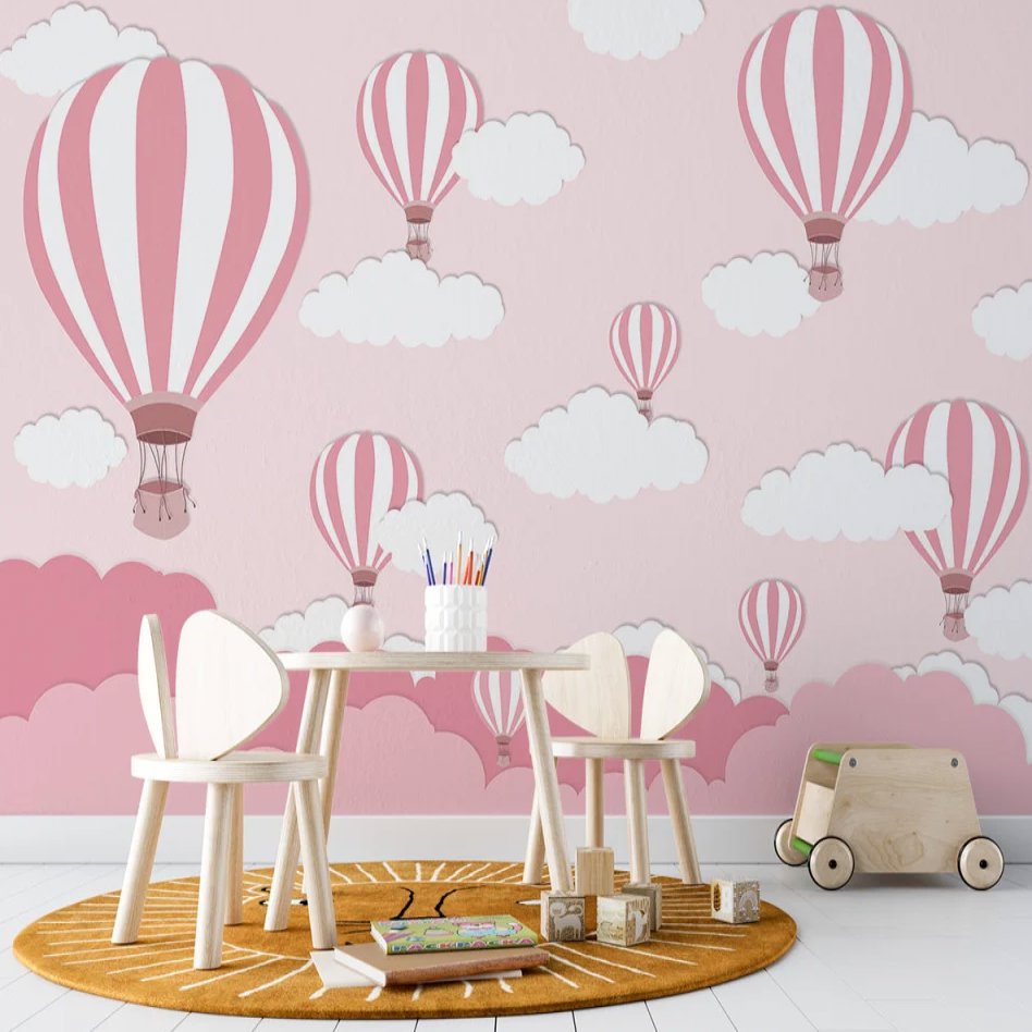 Papier Peint Fille Classique <br/> Montgolfière Rose 3D