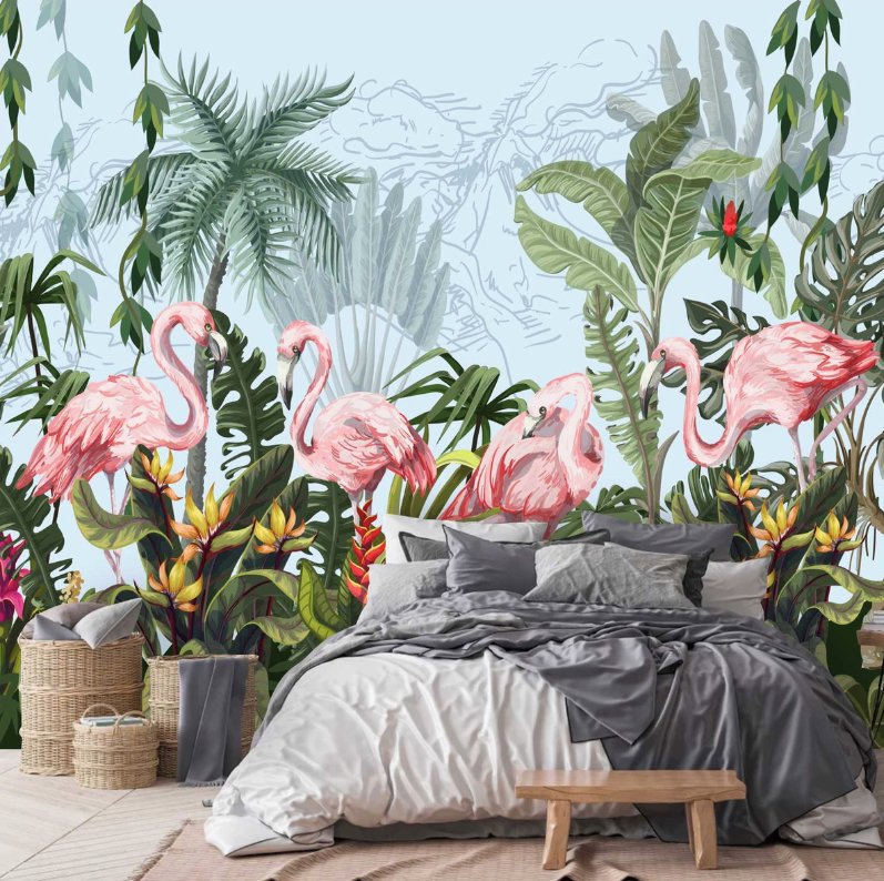 Papier Peint Flamant Rose <br/> Décor Jungle