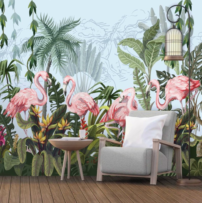 Papier Peint Flamant Rose <br/> Décor Jungle