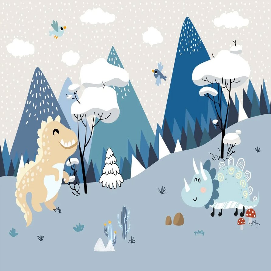 Papier Peint Dinosaure <br/> Paysage Bleu et Montagne