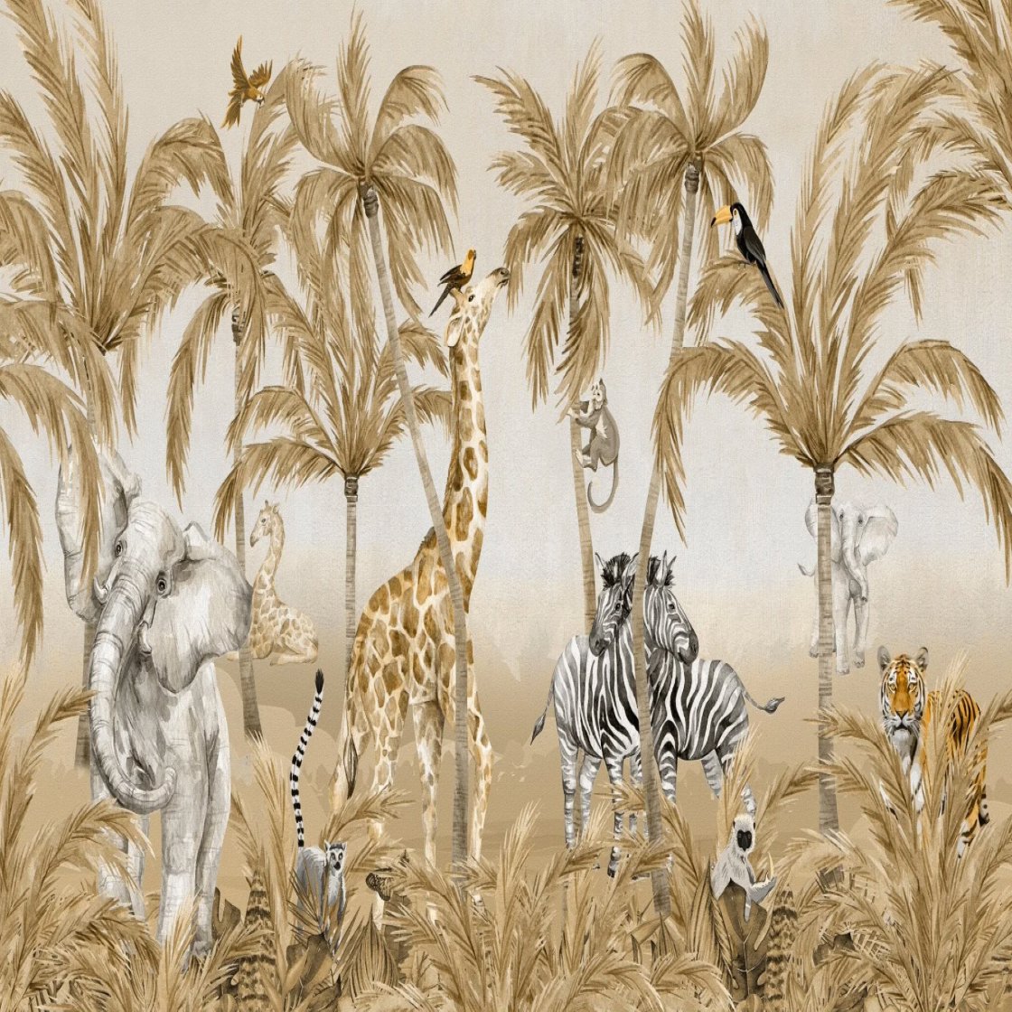 Papier Peint Animaux <br/> Joyeuse Jungle Sépia