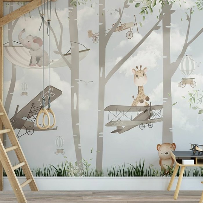Papier Peint Animaux <br/> Arbre, Girafe et Avion