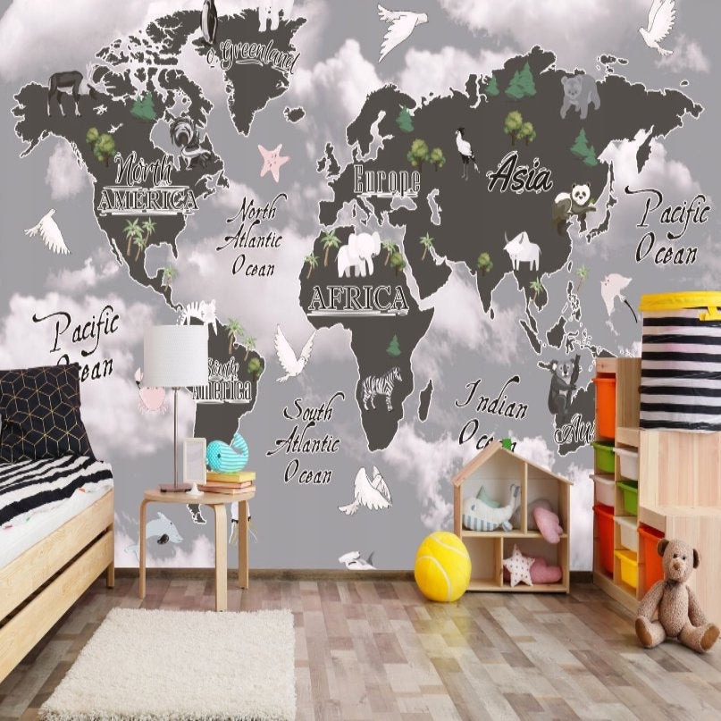 Papier Peint Carte du Monde <br/> Terre Grise et Ciel