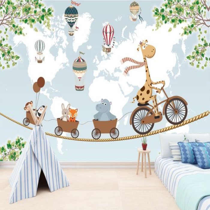 Papier Peint Carte du Monde <br/> Animaux Rigolos Volants