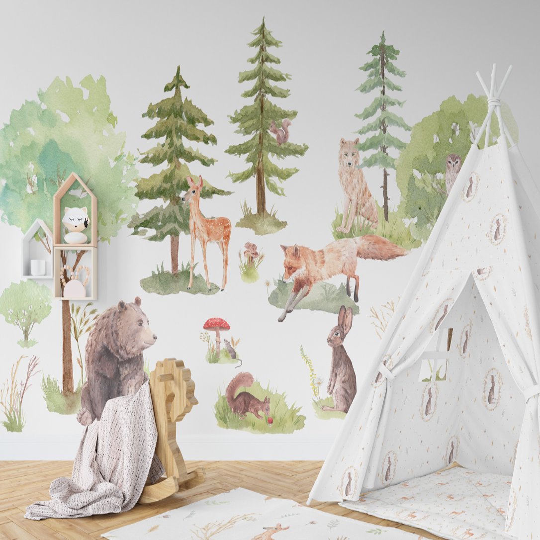 Papier Peint Animaux <br/> Forêt Aquarelle et Pastel