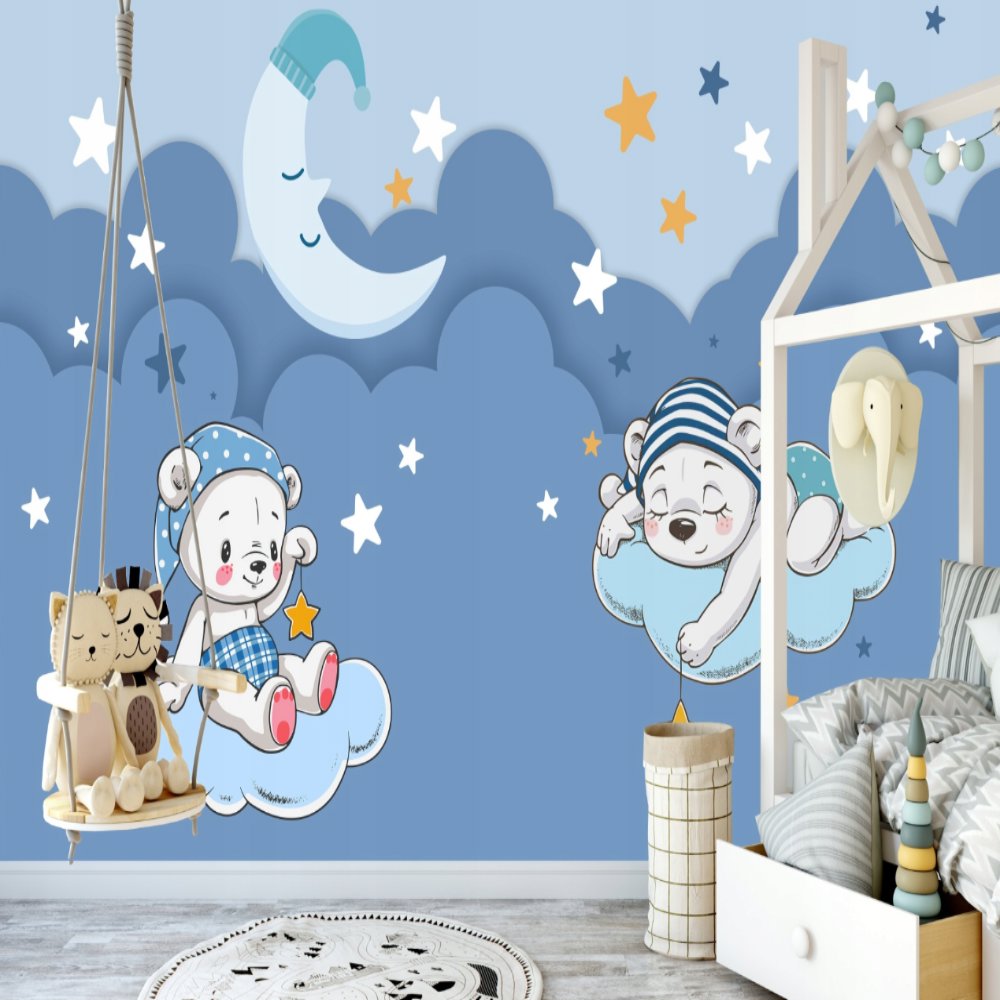 Papier Peint Bébé Classique <br/> Ciel Etoilé et Oursons