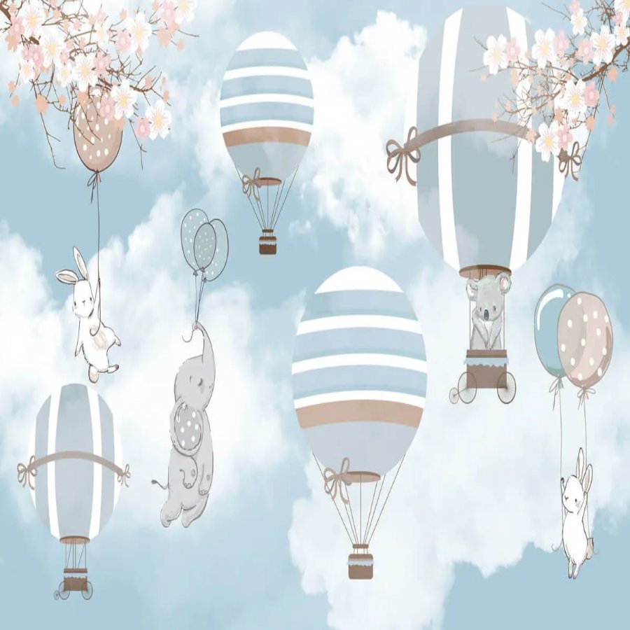 Papier Peint Bébé Classique <br/> Montgolfière Bleue et Animaux