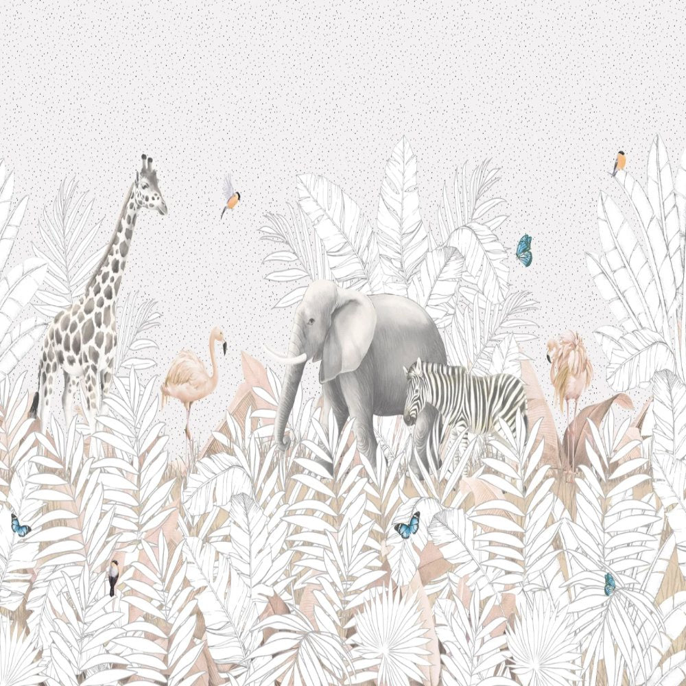 Papier Peint Animaux <br/> Tropical Gris et Blanc Délicat