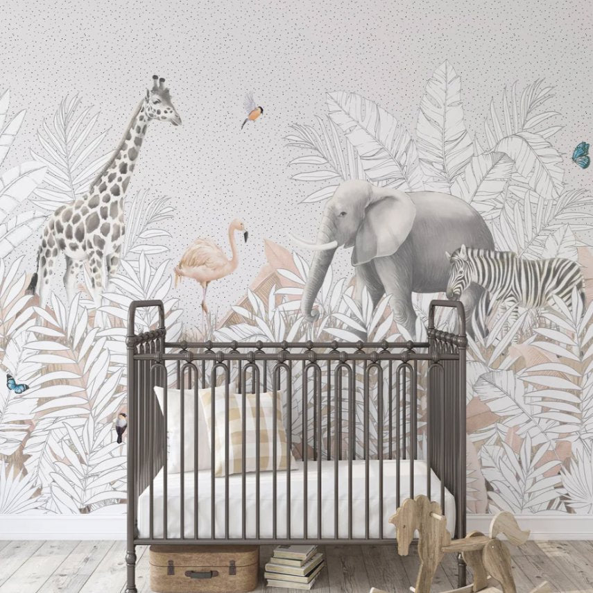 Papier Peint Animaux <br/> Tropical Gris et Blanc Délicat