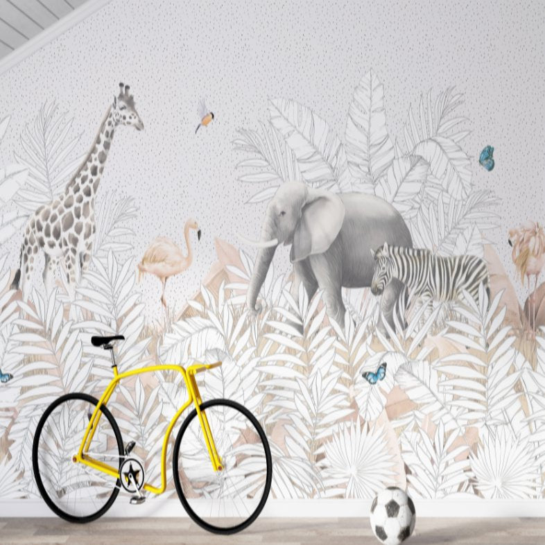 Papier Peint Animaux <br/> Tropical Gris et Blanc Délicat