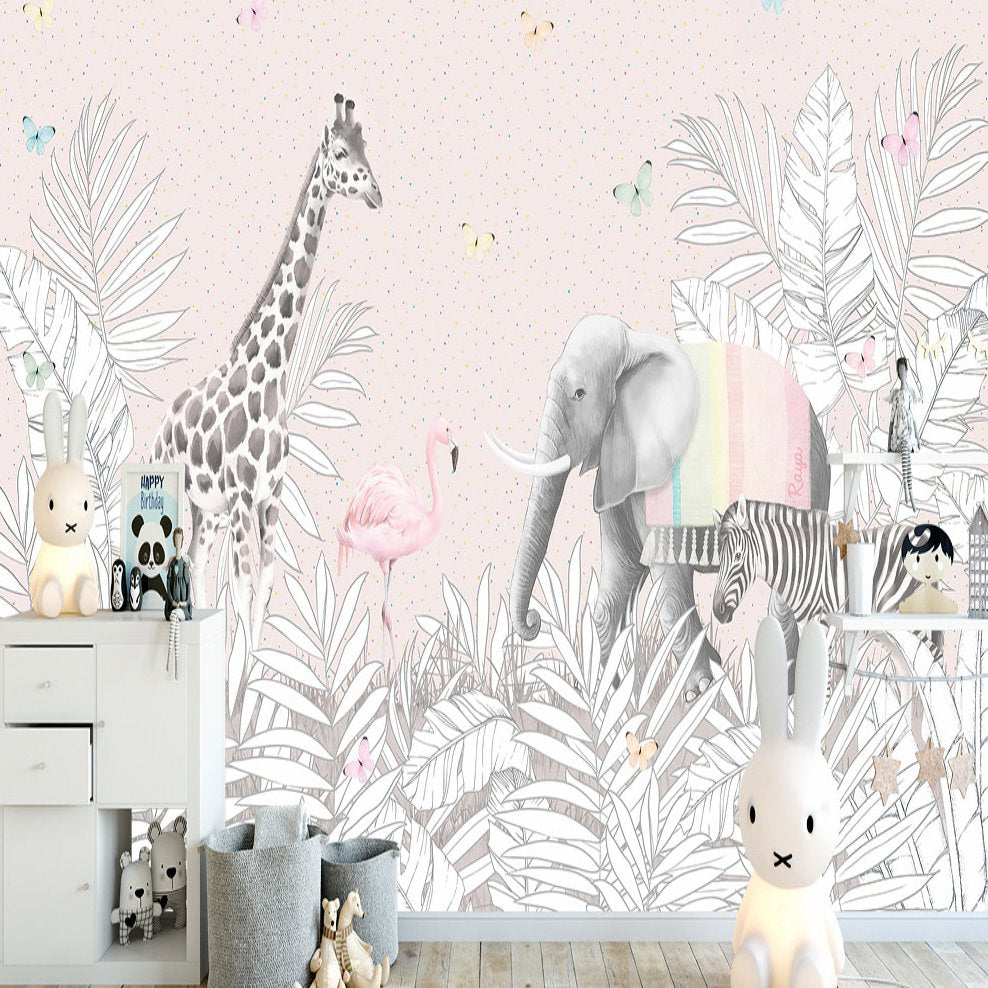 Papier Peint Animaux <br/> Tropical Rose et Papillon