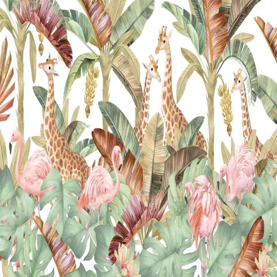 Papier Peint Animaux <br/> Girafes et Flamants