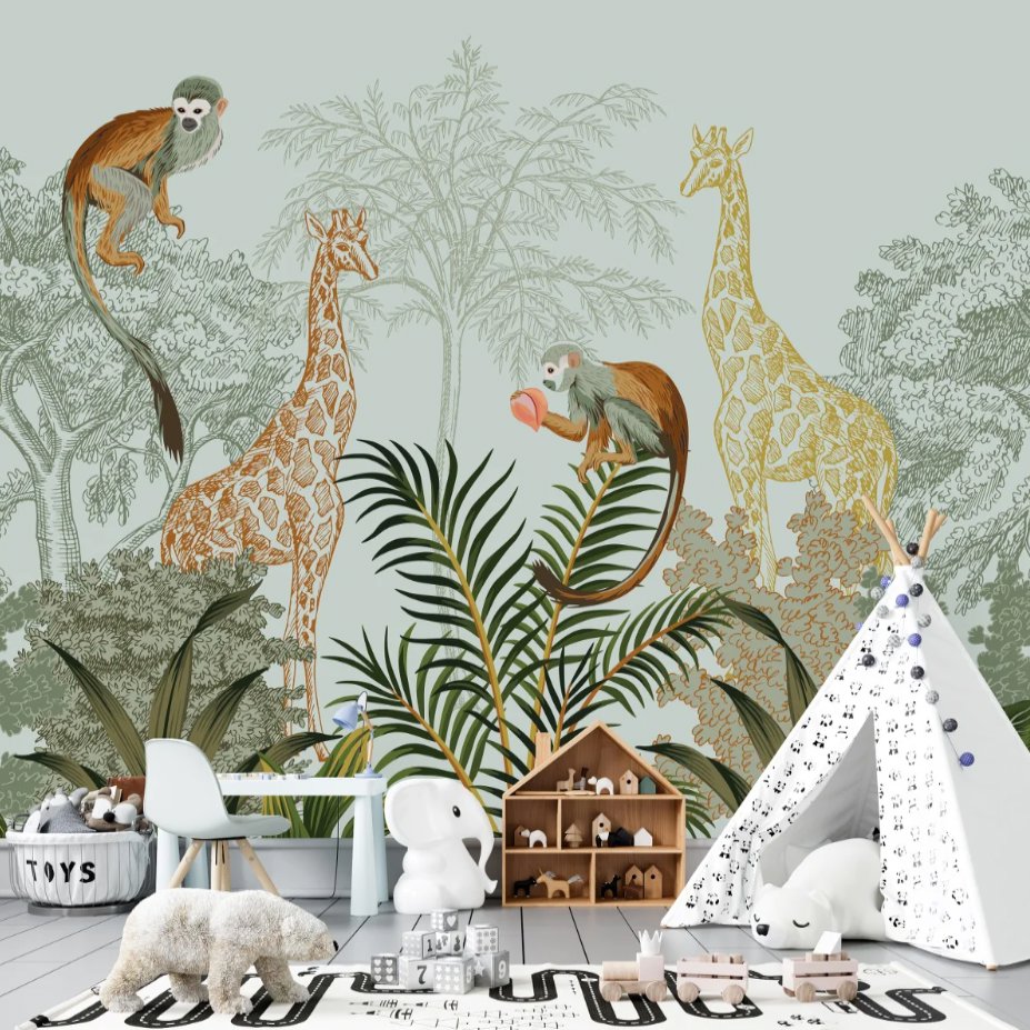 Papier Peint Animaux <br/> Girafes et Petits Singes