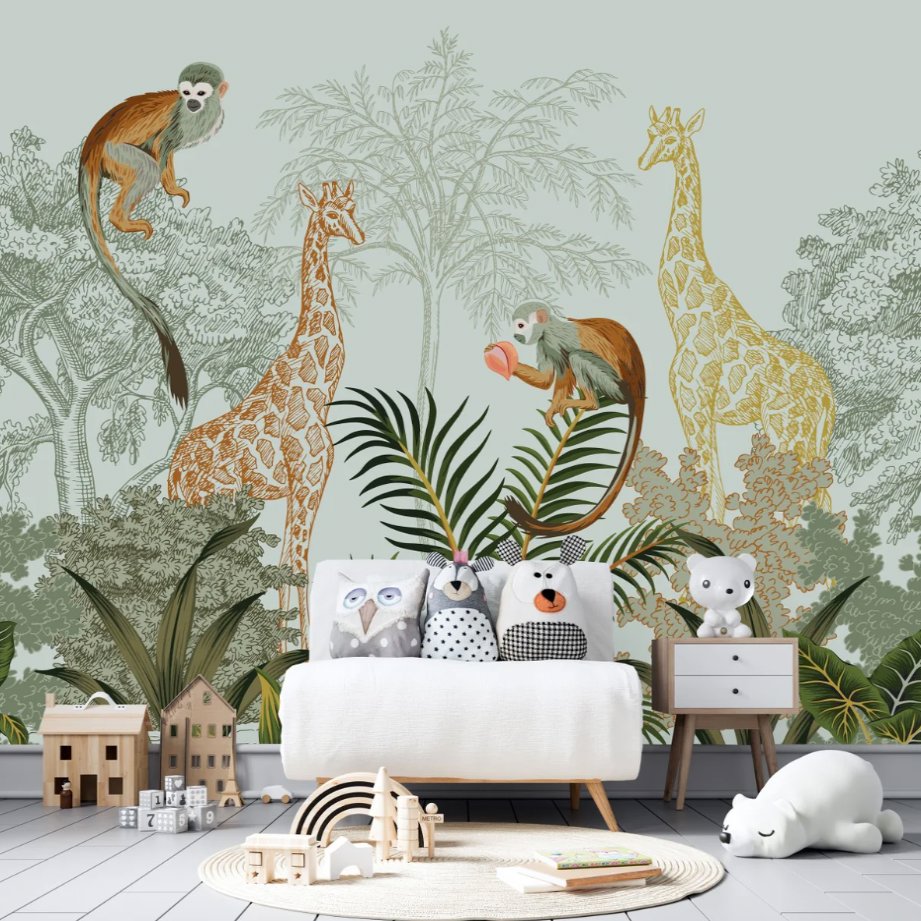 Papier Peint Animaux <br/> Girafes et Petits Singes