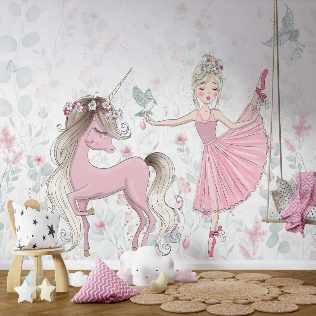 Papier Peint Licorne <br/> Princesse et Petites Fleurs