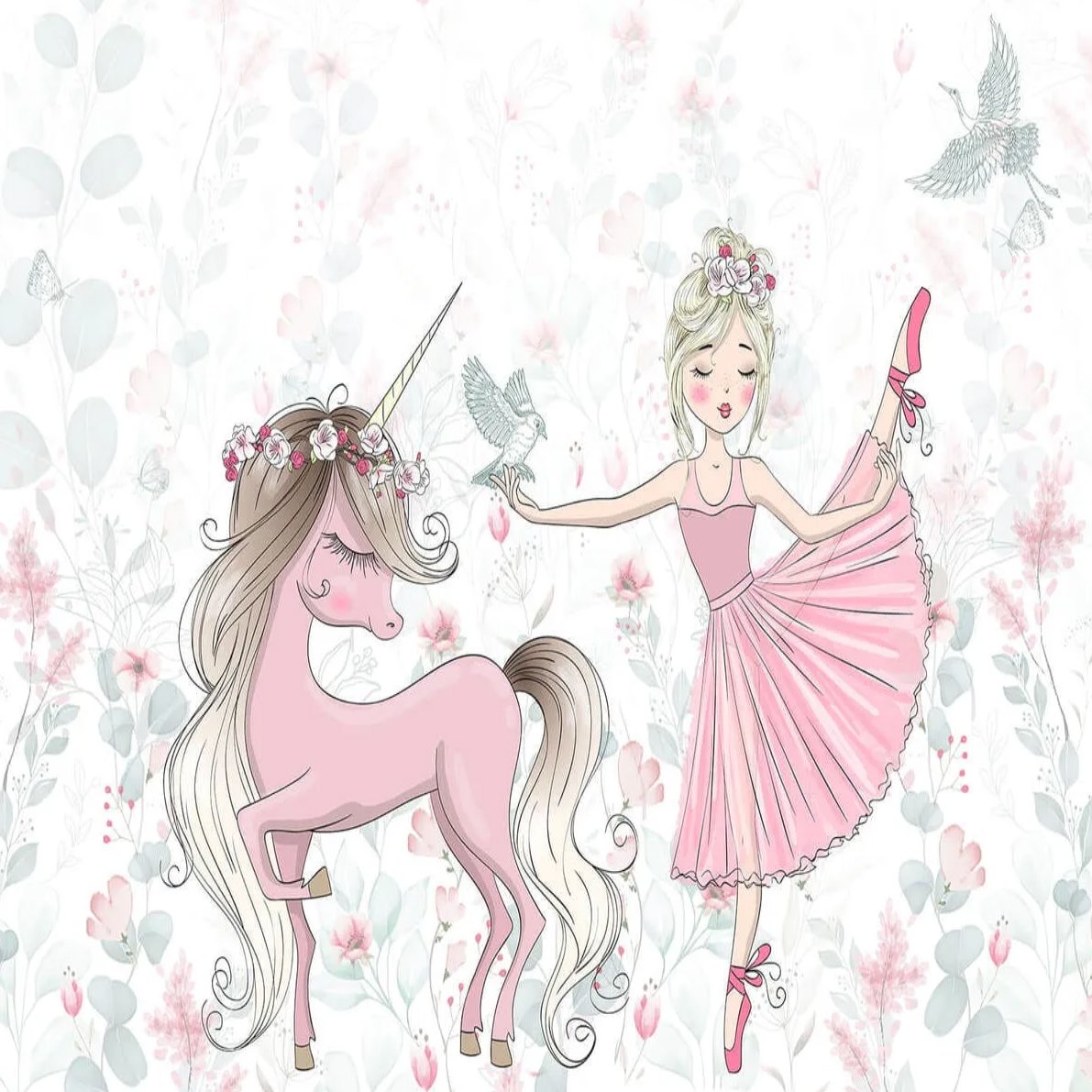 Papier Peint Licorne <br/> Princesse et Petites Fleurs