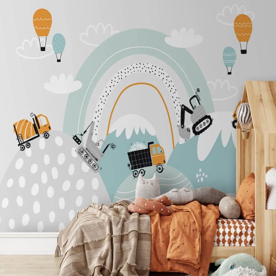 Papier Peint Garçon Classique <br/> Engin de Chantier et Montagne