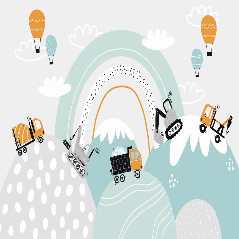 Papier Peint Garçon Classique <br/> Engin de Chantier et Montagne