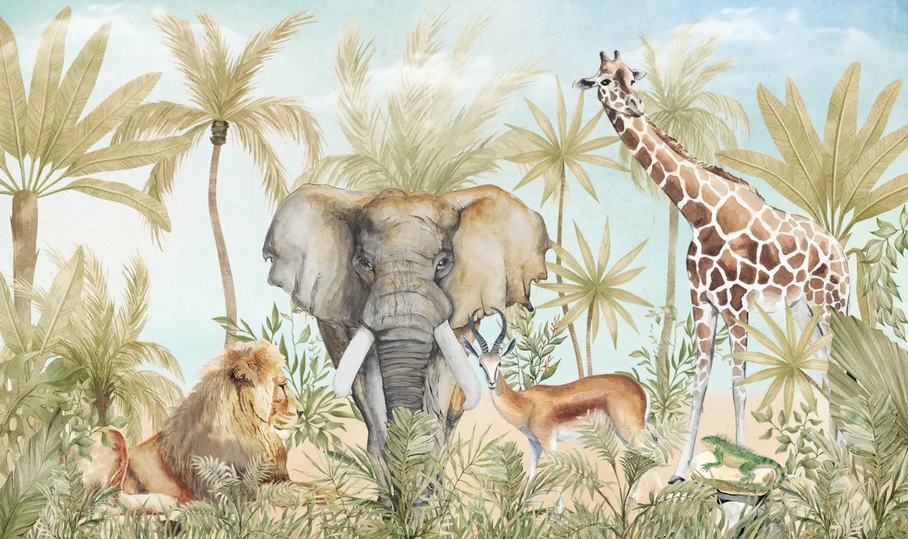 Papier Peint Animaux <br/> Safari Eléphant et Lion