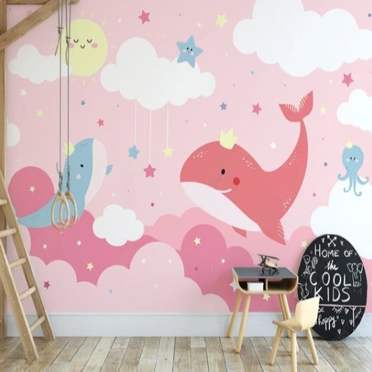 Papier Peint Fille Classique <br/> Baleine et Nuage Rose